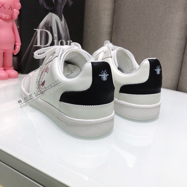 Dior明星同款平底圓頭運動鞋 迪奧2021春夏最新情侶款系帶休閒小白鞋 CD字母logo小蜜蜂印花拼色德訓鞋 dx3506